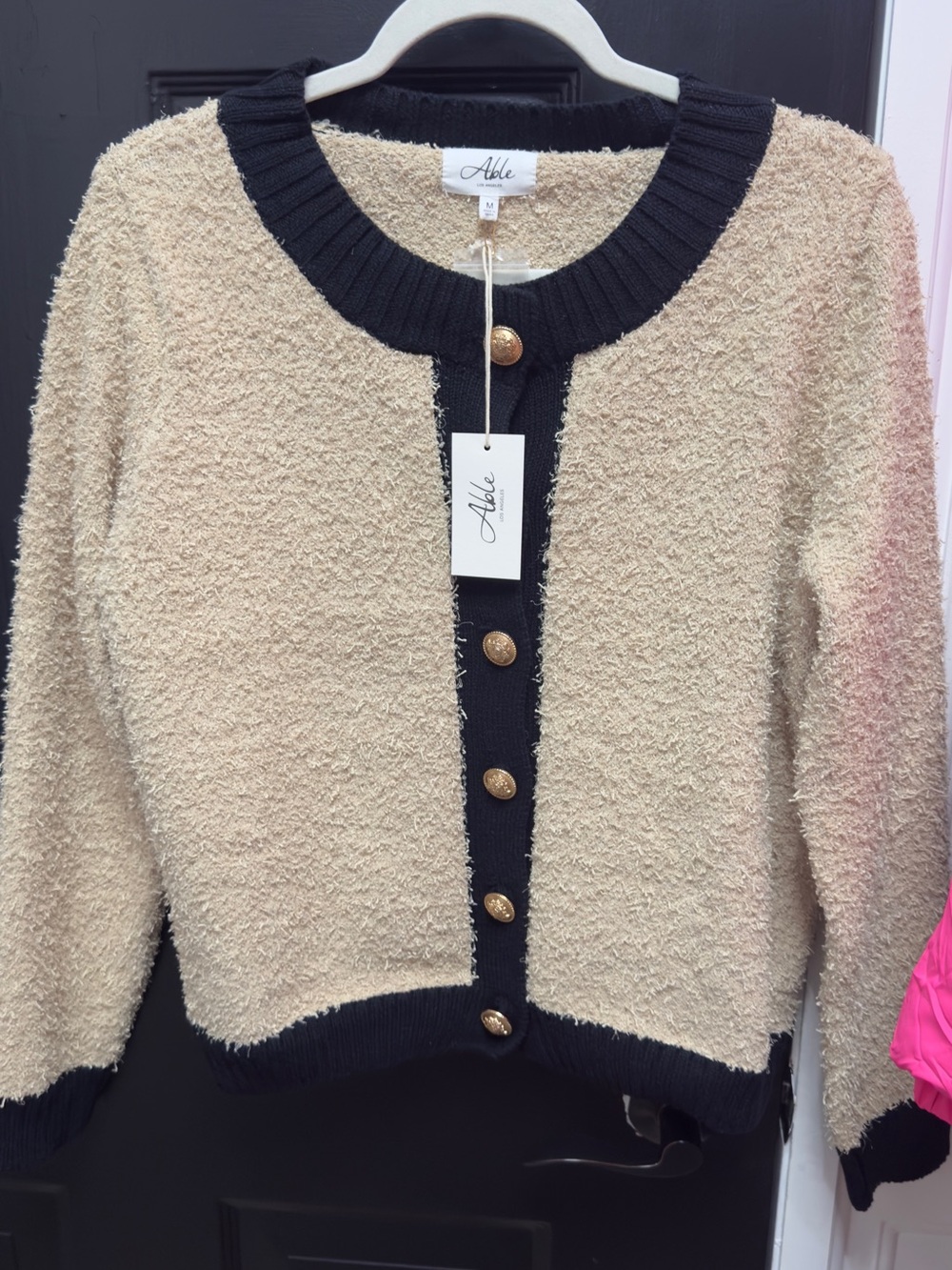 NWT Able Cream/tan Bouclé Cardigan with Black Trim and Gold Buttons